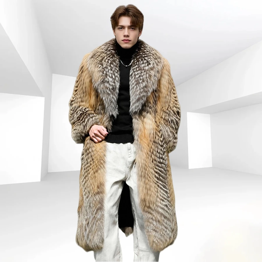 Men's Luxury Long Fox Fur Coat Real Fox Fur Jacket With Big Collar Furry Jacket Luxury Best Selling Natural Fur Coat