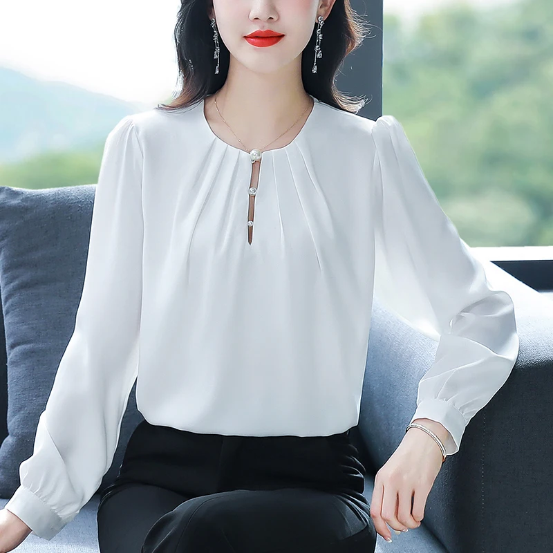 Blusa feminina manga comprida em o pescoço, camisa de chiffon, tops elegantes, branco e preto, H230