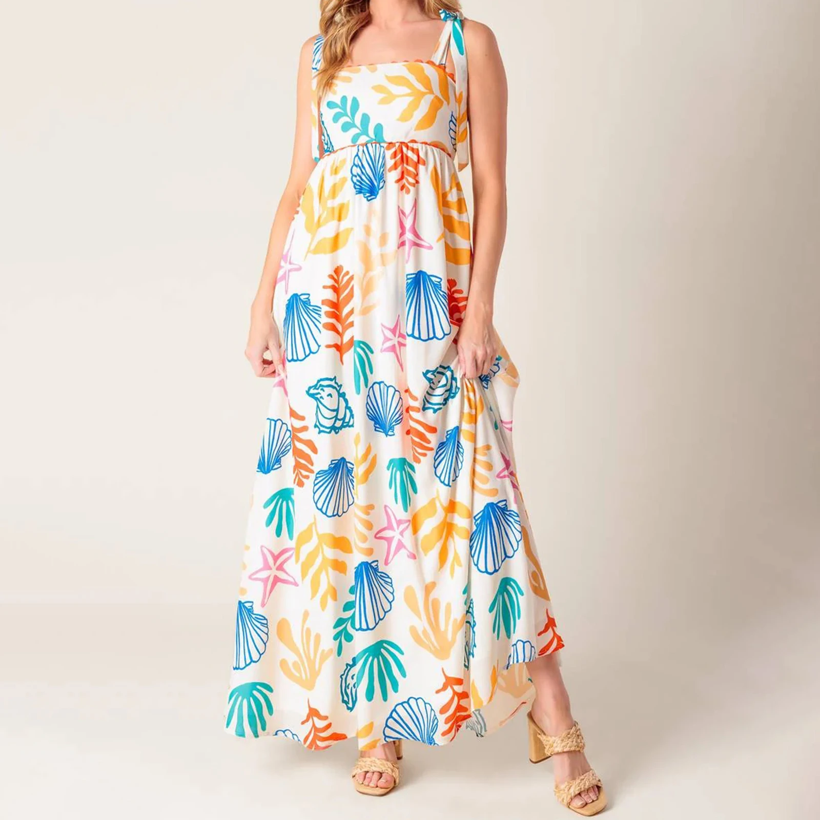 ผู้หญิงชุดยาวเปลือก/ดอกไม้พิมพ์ Tie-Up สายรัด Cami ฤดูร้อน Beachwear สีสวยสําหรับ Streetwear วันหยุด