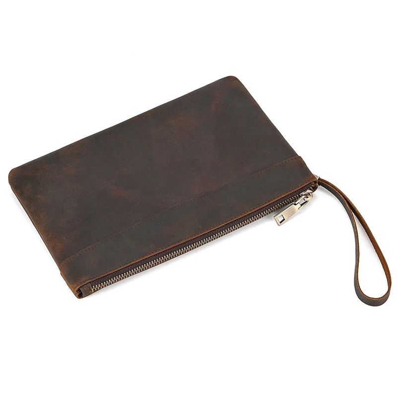 Fashion Genuine Leather Mens Day Clutches Vintage Big Hand Purse RFID 6 Inch IPhone Wallet Cowskin Clutch Bag With Wrist Belt