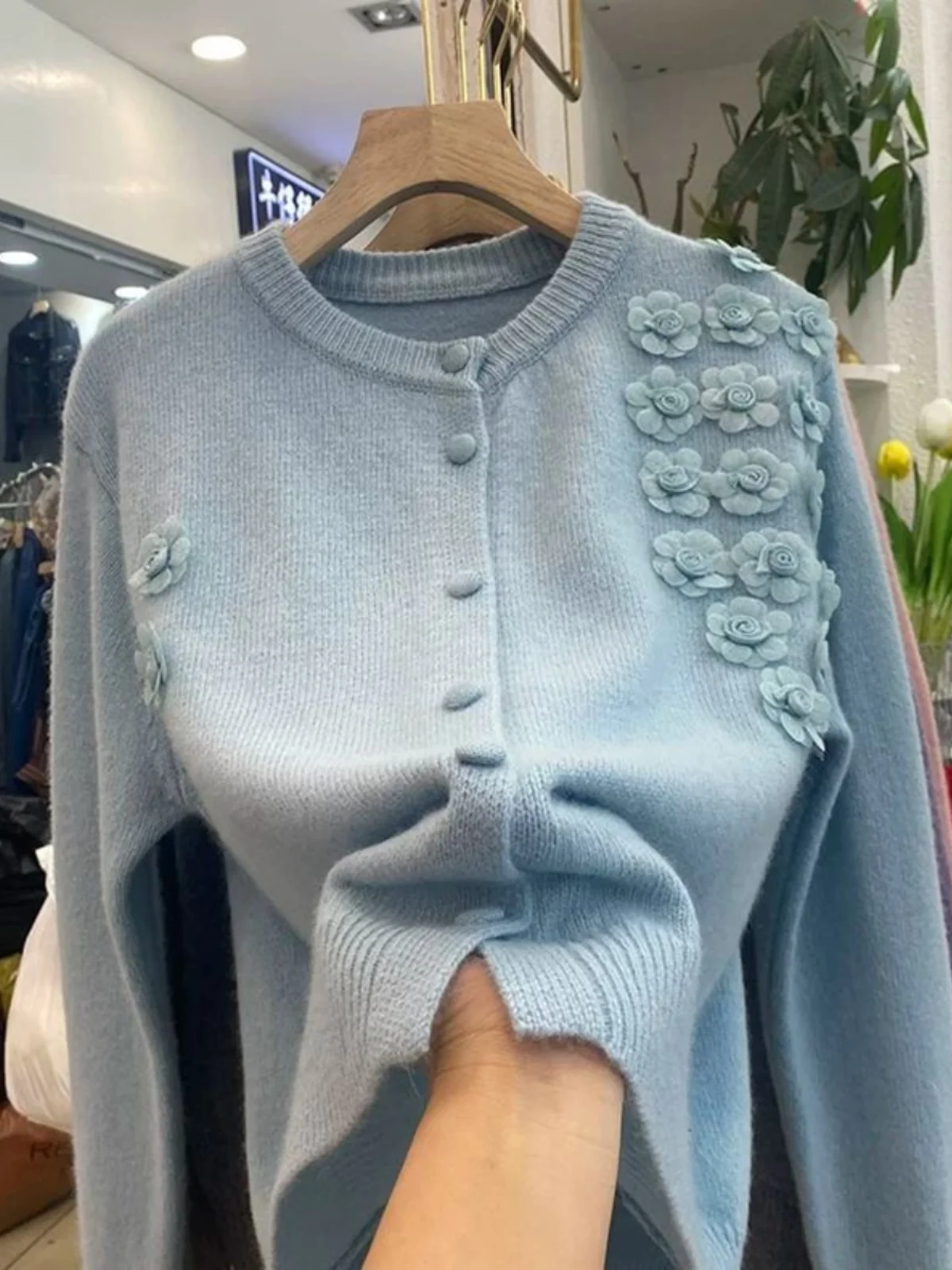 سترة نسائية محبوكة بأكمام طويلة على طراز شانيل، سترة نسائية للخريف، قمة فريدة من نوعها مع تصميم زهرة ثلاثية الأبعاد، مقاس فضف... #5