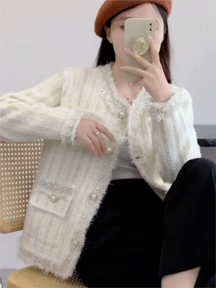 

Elegant Vintage Fashion Fall Woman Coat Tweed Tassel Pearls O Neck Short Top Korean Style Streetweer Work Clothes Female Coats