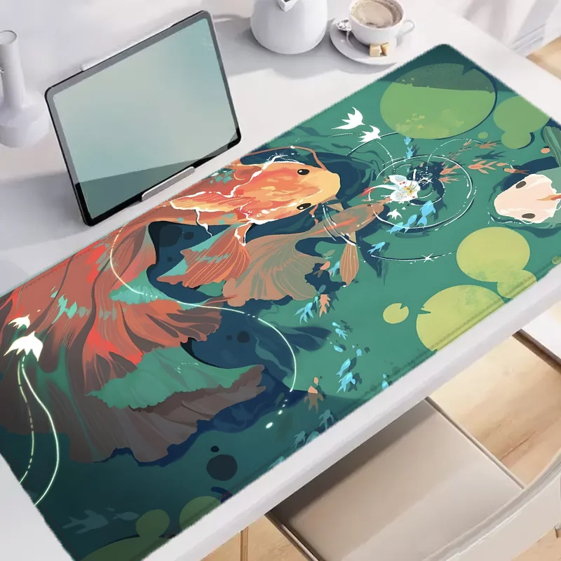 Koi Fish Pond Mouse Pad - Extended XXL Desk Mat with Non-Slip Rubber Base - Water-Resistant Oblong Gaming Mousepad for Computers