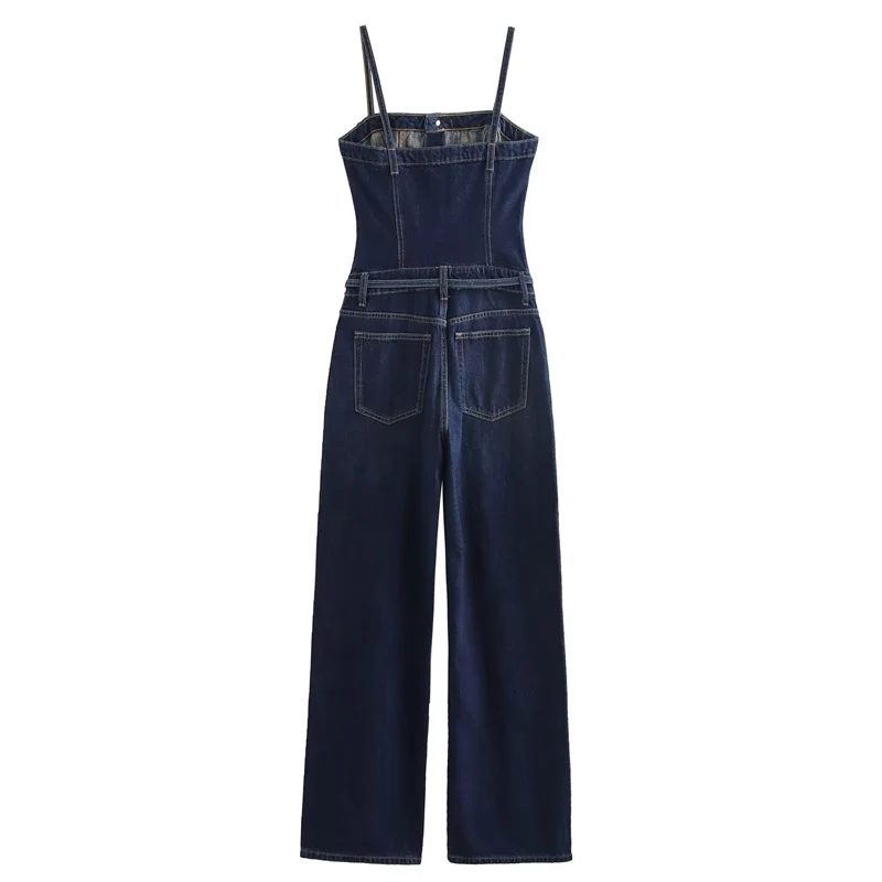 TRAF Denim Slip Long Jumpsuits For Women Off Shoulder Sleeveless Jumpsuit With Belt Backless Slim Overalls Fashion Jumpsuit 2024