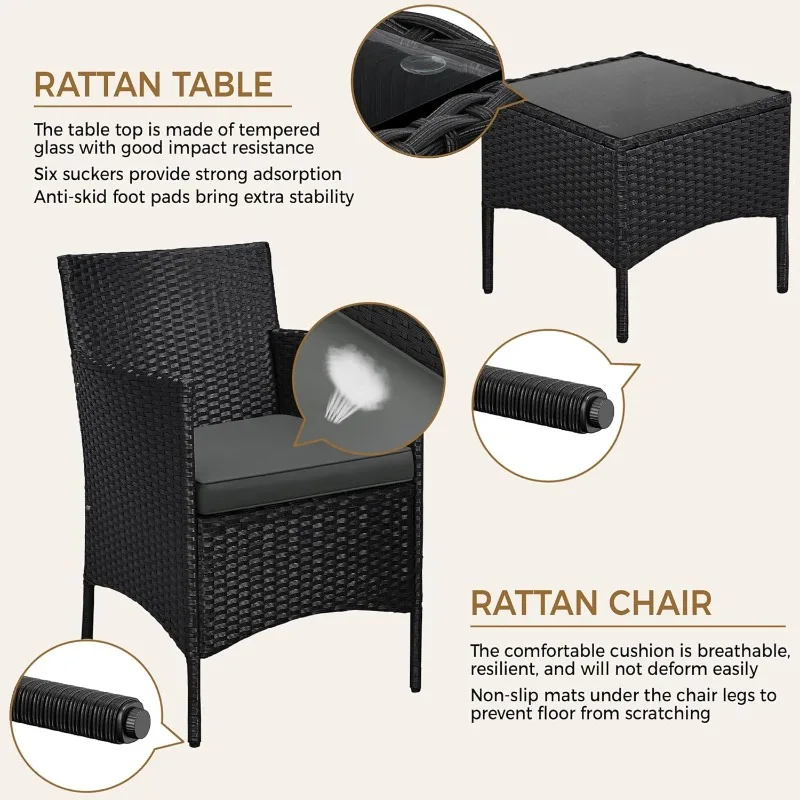 3 Pieces Patio Porch Furniture Set, Outdoor PE Rattan Wicker Conversation Set With Soft Cushions, Glass Coffee Table &