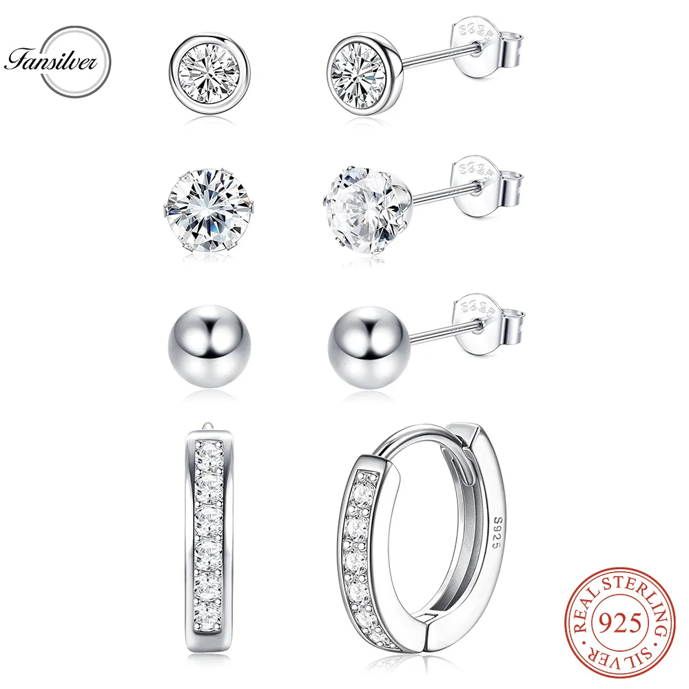 

Fansilver 4Pair 925 Sterling Silver Stud Earrings for Women Girls Cubic Zirconia Hoops Earrings Set for Multiple Piercings