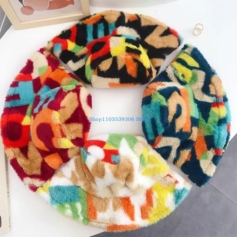 

400A Foldable Faux Fur Fisherman Hat Colorful Large Brim Cap Letter Print Bucket Hat