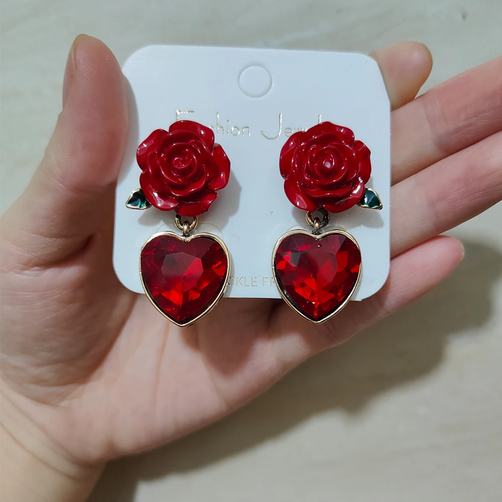 Vintage Jewelry Accessories Wholesale Beautiful Valentines Day Gift Love Heart Red Rose Flower Stud Earrings for Women