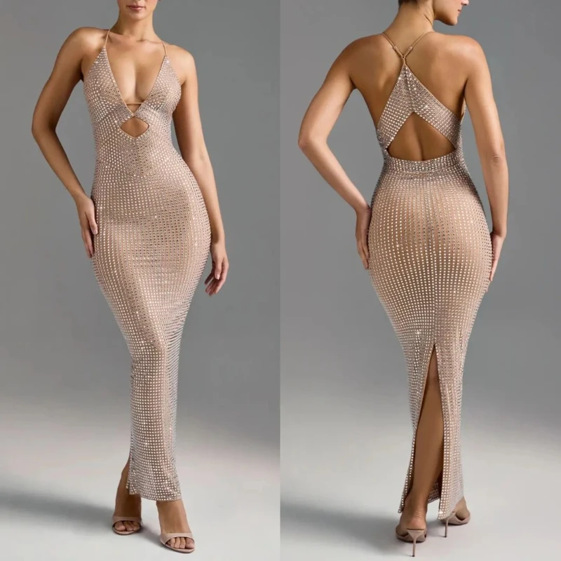 セクシーなホローデザインのVネック、ホットなダイヤモンド装飾、ノースリーブのロングスカート、ファッショナブルなスリット入りレディースドレス、ナイトクラブ、パーティー、バーの服装