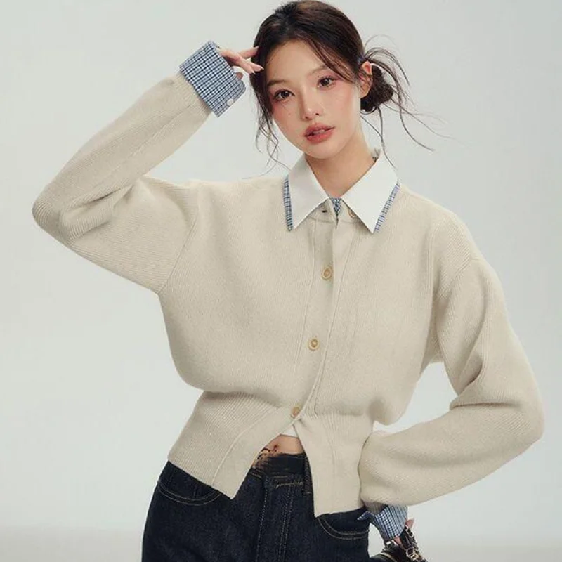 

Женский вязаный кардиган в французском стиле с отложным воротником, весенне-осенний, крупной вязки