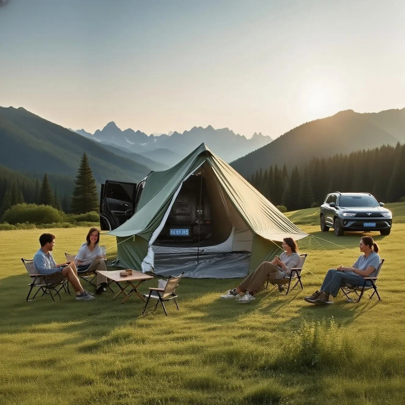 

Large Family Car Camping Tent - 210D Silver Coated Fabric, Chimney Vent & Removable Floor, Easy Setup & Lightweight