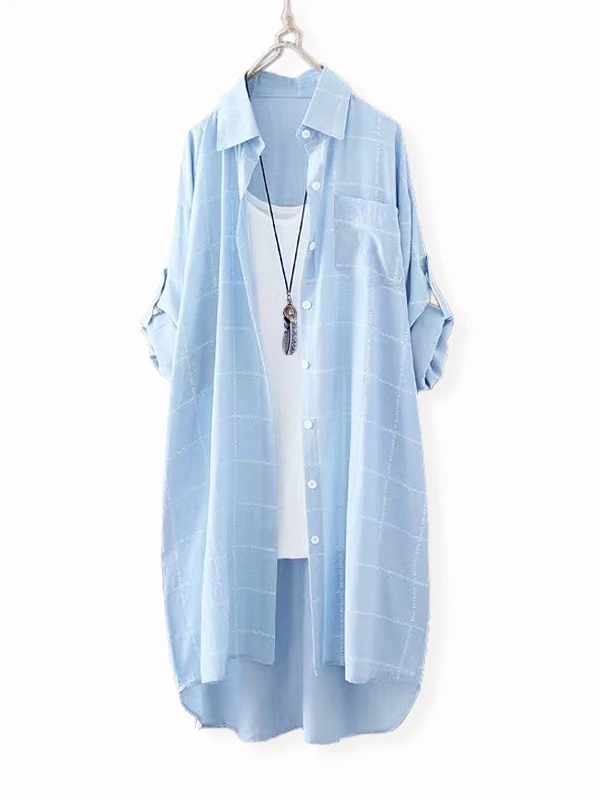 Femmes Plaid Long Sve irt vêtements d'extérieur ample imprimé mi-long Protection UV col Polyester printemps Faion dames
