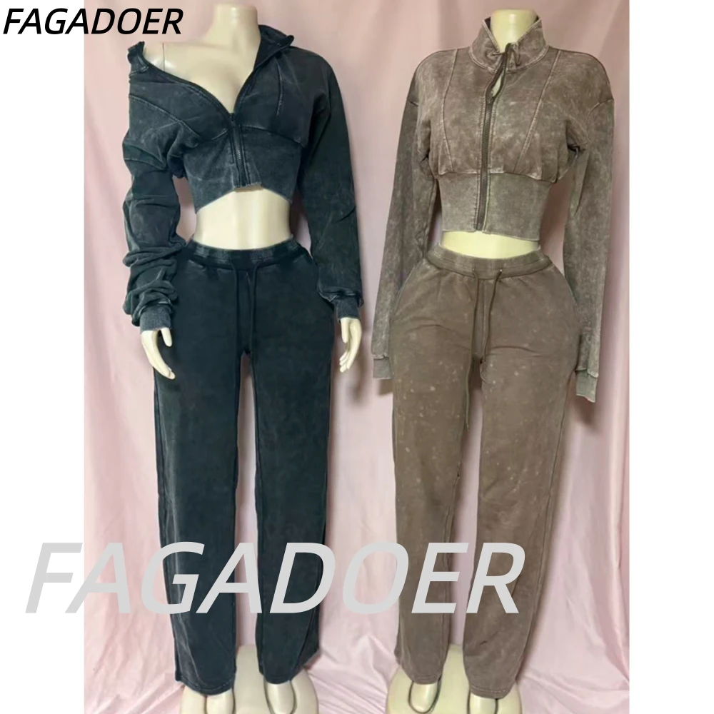 FAGADOER Women Distressed Wash Two Piece Set Zip Up Crop Top And Wide Leg Pants Casual Streetwear Tracksuit Outfit Fashion Suits
