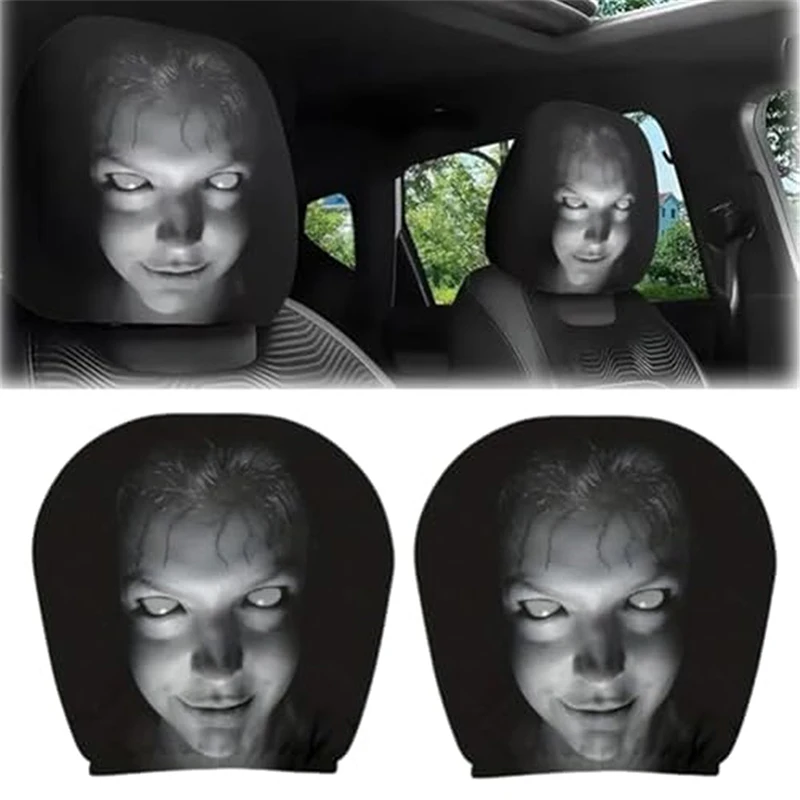 Halloween 2pcs Scary Face Car Headrest Cover Spooky Eye Printing Halloween Headrest Covers Funny Face Masque Head Rest Protector
