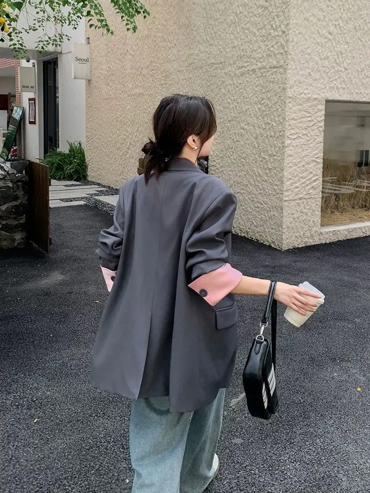 Insozkdg سترة بدلة متباينة على الموضة باللون الرمادي للنساء للربيع والخريف سترات جديدة فضفاضة غير رسمية للسيدات