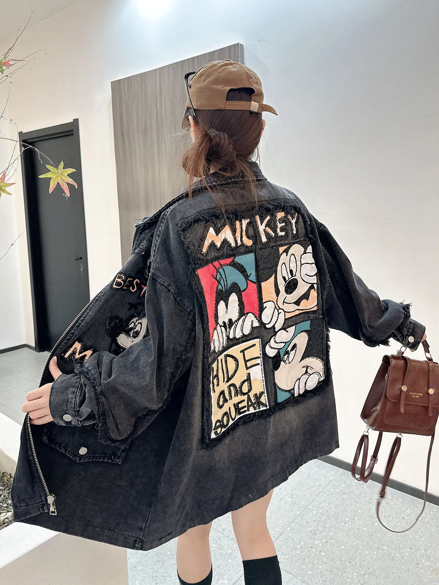 

Retro Hong Kong Sle Oversized Denim irt Women's Faionable Cartoon Lazy Hip Hop Top Trendy Breathable Long Sve Cotton