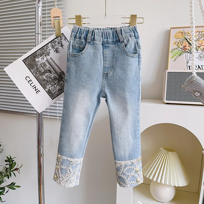 Girls Jeans Autumn Spring Lace Loose Kids Pants Fashion Korean Toddler Girl Trousers Fall Children Casual Denim Pants 2-7Yrs