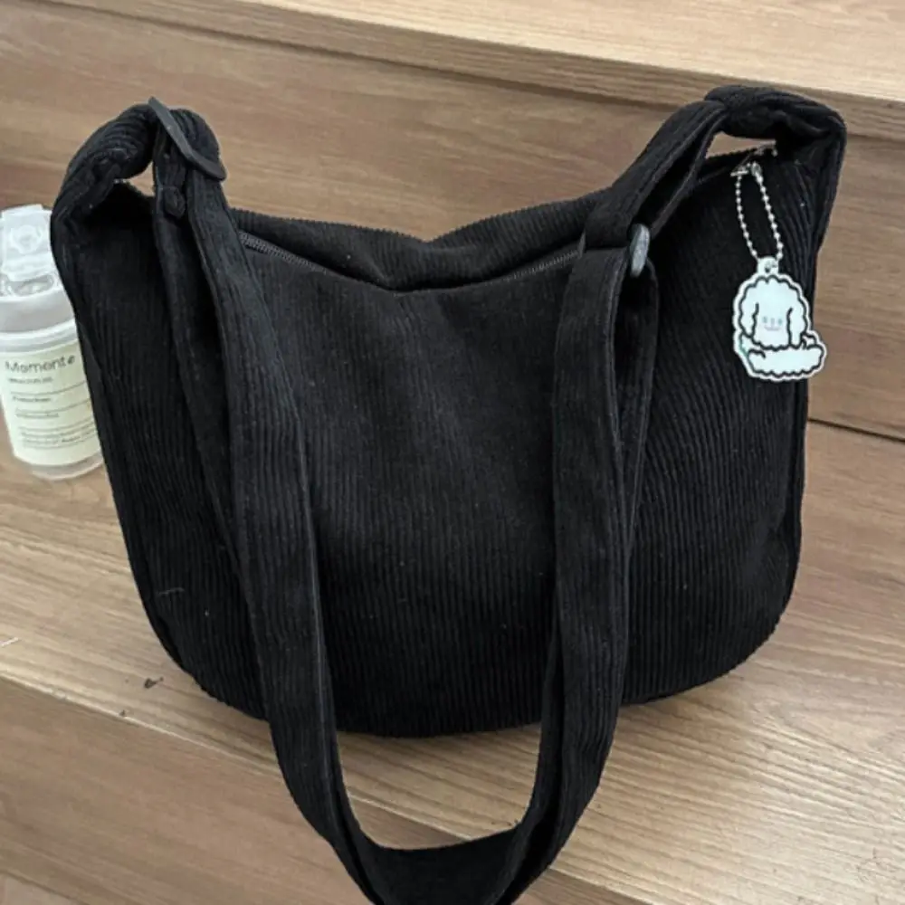 

Large Capacity Corduroy Shoulder Bag Korean Style Cotton Cloth Solid Color Shoulder Bag Handbag Tote Bag Handbag with Pendant