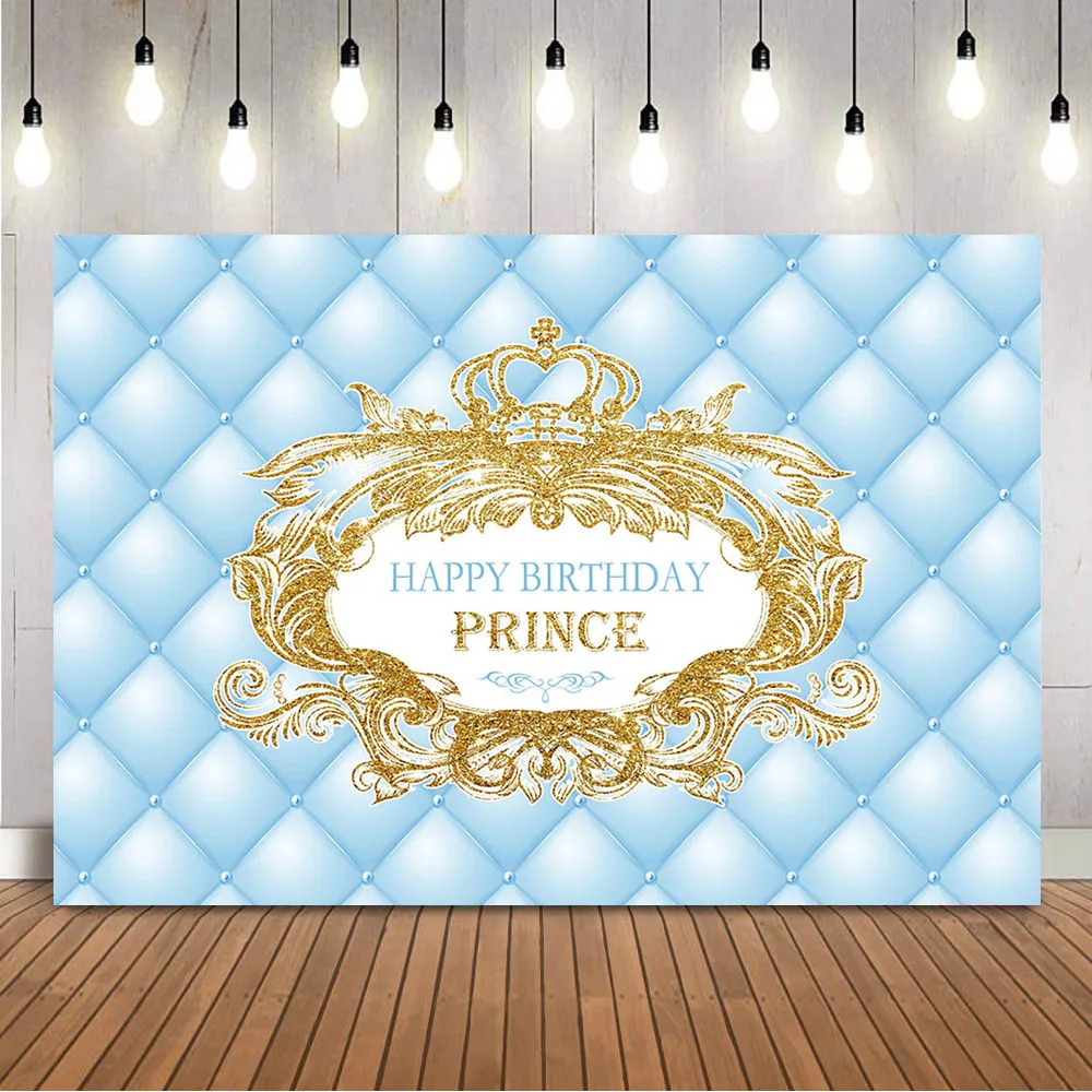 Blue Headboard Birthday Backdrop Little Prince Happy Birthday Party Decoration Banner Royal Crown Photo Background Banner Props