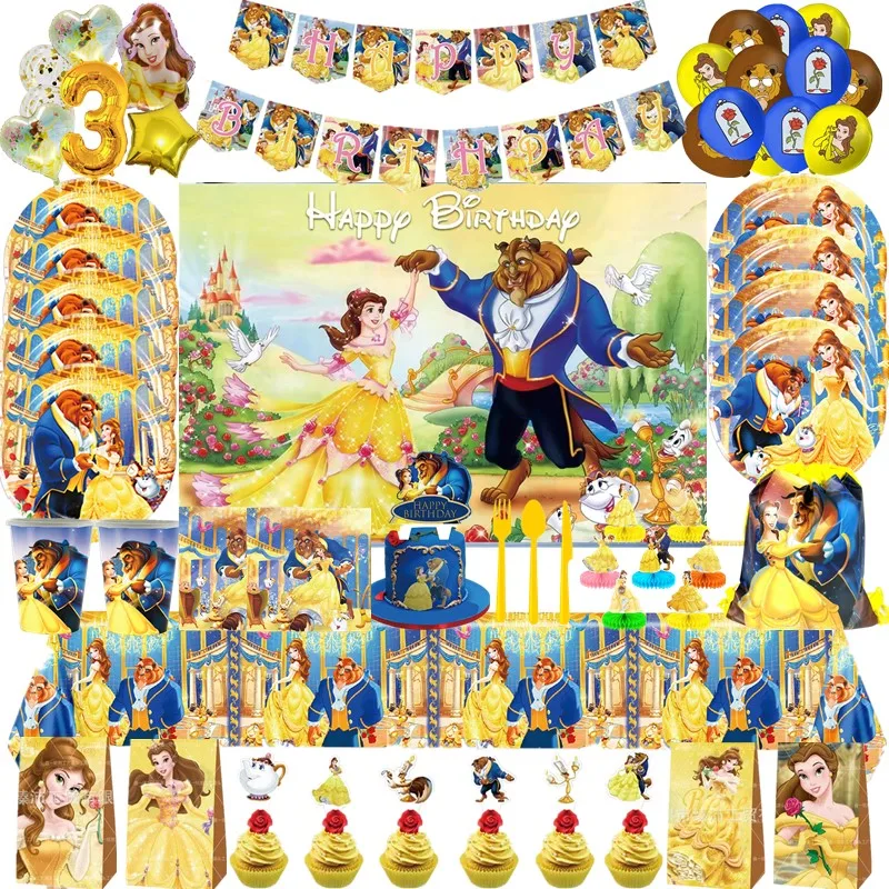 Disney Belle Princess Beauty And Beast Party Disposable Tableware Cup Plate Tablecloth Balloon Banner Baby Shower Decoration