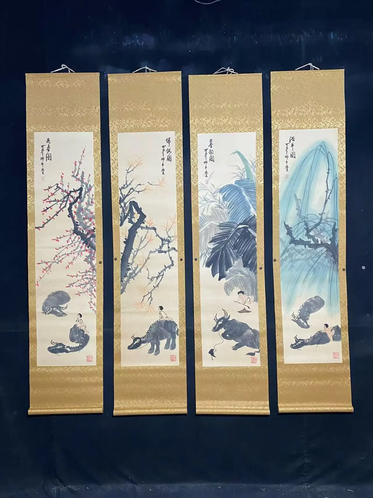

Old Chinese hand-painted long scroll, Four seasons grazing cattle Painting Scroll,4 pieces/pack, free shipping#2501