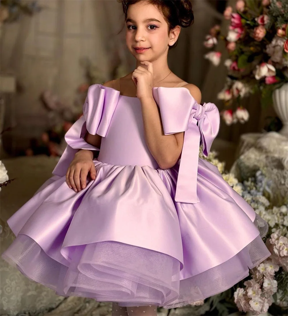 Customized Flower Girl Dress Dearin Off-the-shoulder Ball Gown Mini Length Skirts Fold Bows Draped Tulle Dresses