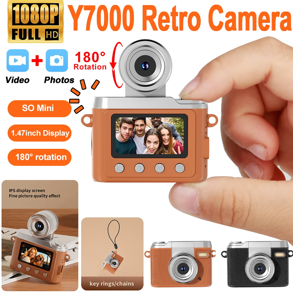 

Y7000 Mini Camera With Screen HD 1080P 180° Rotation Portable Retro Ultra Compact Mini Camera Video Recorder With Flash Lamp NEW