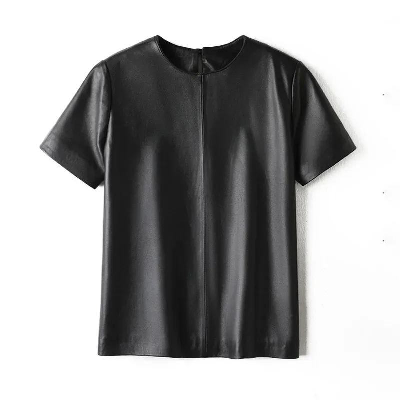 

Women Real Leather T-shirt Short Sleeve Soft Matte Leather Tees Female Causal O-neck Vest