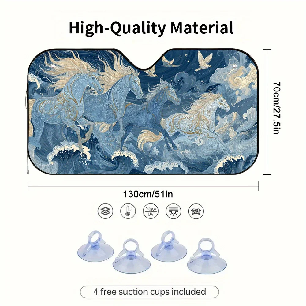 1pc 2D Flat Galloping Blue Horses Print Car Sunshade – Stylish & Cool, Includes 4 Suction Cups, Foldable For Easy Storage, Ideal