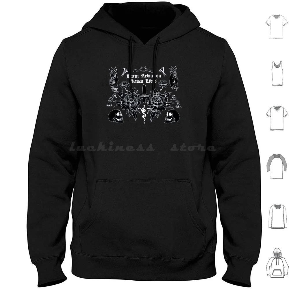 La reducción de daños salvana vidas, dibujo de Mélodie Talbot - Sudaderas con capucha de fondo negro de manga larga con diseño de reducción de daños