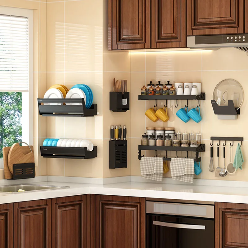 Kitchen Cutlery Organizer Wall Mounted Dish Storage Rack Black Aluminium Knife Holder Seasoning Box Container Hooks Tooks Racks