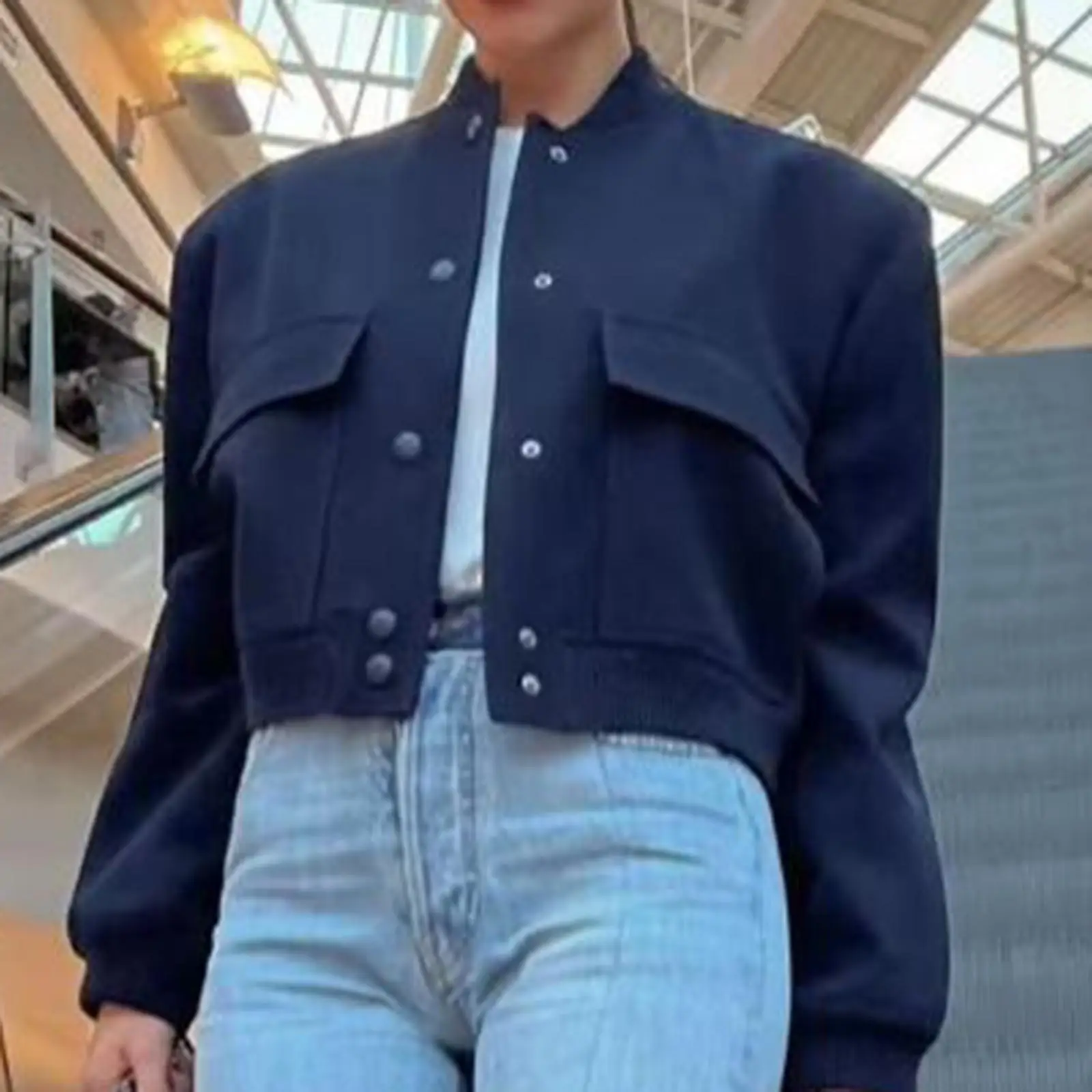 Solid Color Womens Short Jacket Casual Snap Button Cropped Long Sleeve Coat for Spring Streetwear Fashion