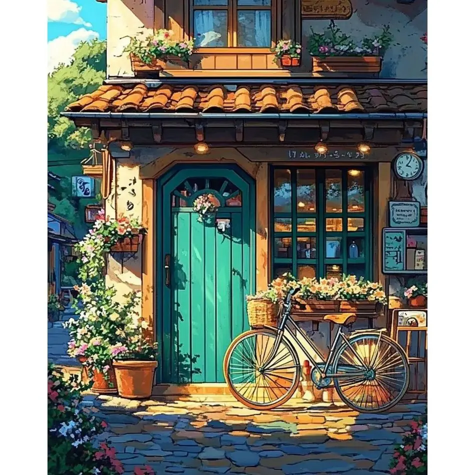 RUOPOTY Diamond Painting Kits Art Street Side Flower Shop Supplies Art Supplies Landscape Full Round Modern For Adults Diamond A