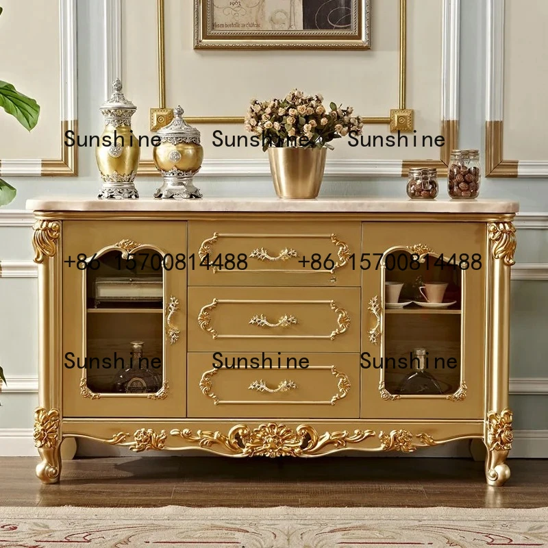 TS European marble dining side cabinet, gold living room tea cabinet, solid wood wine cabinet