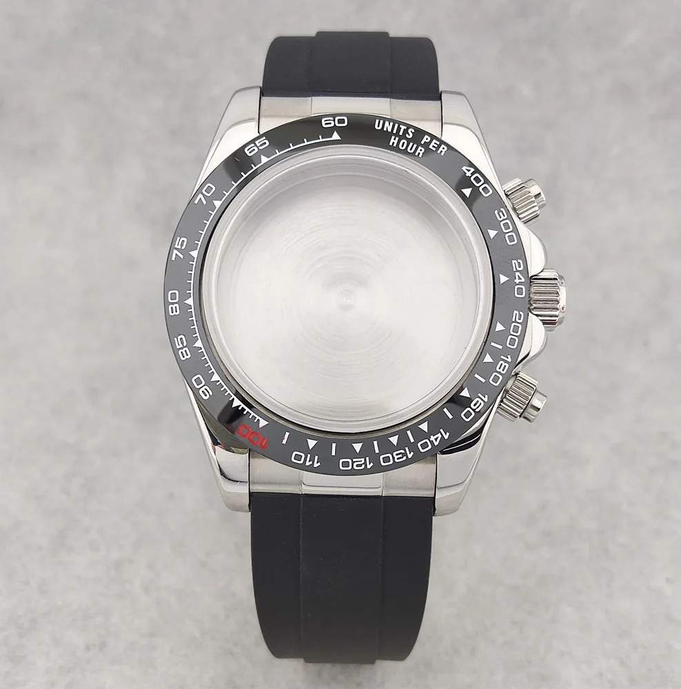 40 مللي متر حافظة الياقوت الزجاج الكوارتز حاوية من الفولاذ المقاوم للصدأ قذيفة كرونوغراف الحافة شريط مطاطي تاج صالح حركة VK63 ﻿