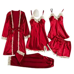 Silk-like Pajama Set Elegant Satin Lace Pajama Set with Lace-up Waist 5-piece Nightwear Set for Women Silky for Comfortable