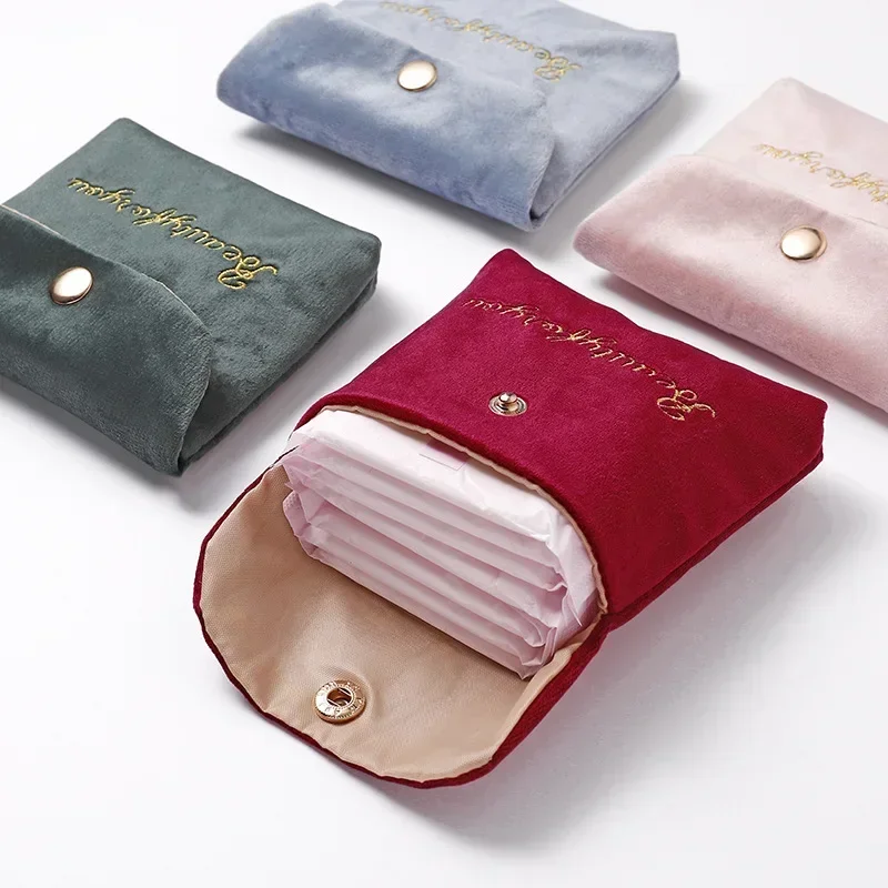 Velvet Portable Cosmetic Bag Travel Mini Coin Money ID Card Lipstick Storage Case Women Sanitary Napkin Pad Packaging Pouch Bags