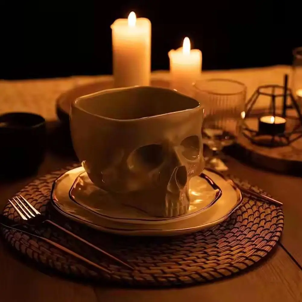 

Фарфоровая миска для макарон в стиле ретро с черепом - готическая посуда на Хэллоуин, уникальная керамическая миска для лапши, салата, конфет и столешницы Dec X0P8