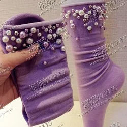 Luxury Style Sparking Pearls Beaded Stitch Purple Cotton Socks Women's Stylish Comfortable and Breathable Cotton Socks Autumn