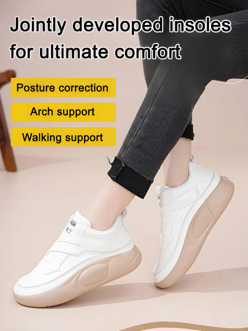 

Women's Stylish Thick-Soled Leather Sneakers, Versatile Anti-Slip White Casual Shoes for Running & Travel, for Daily