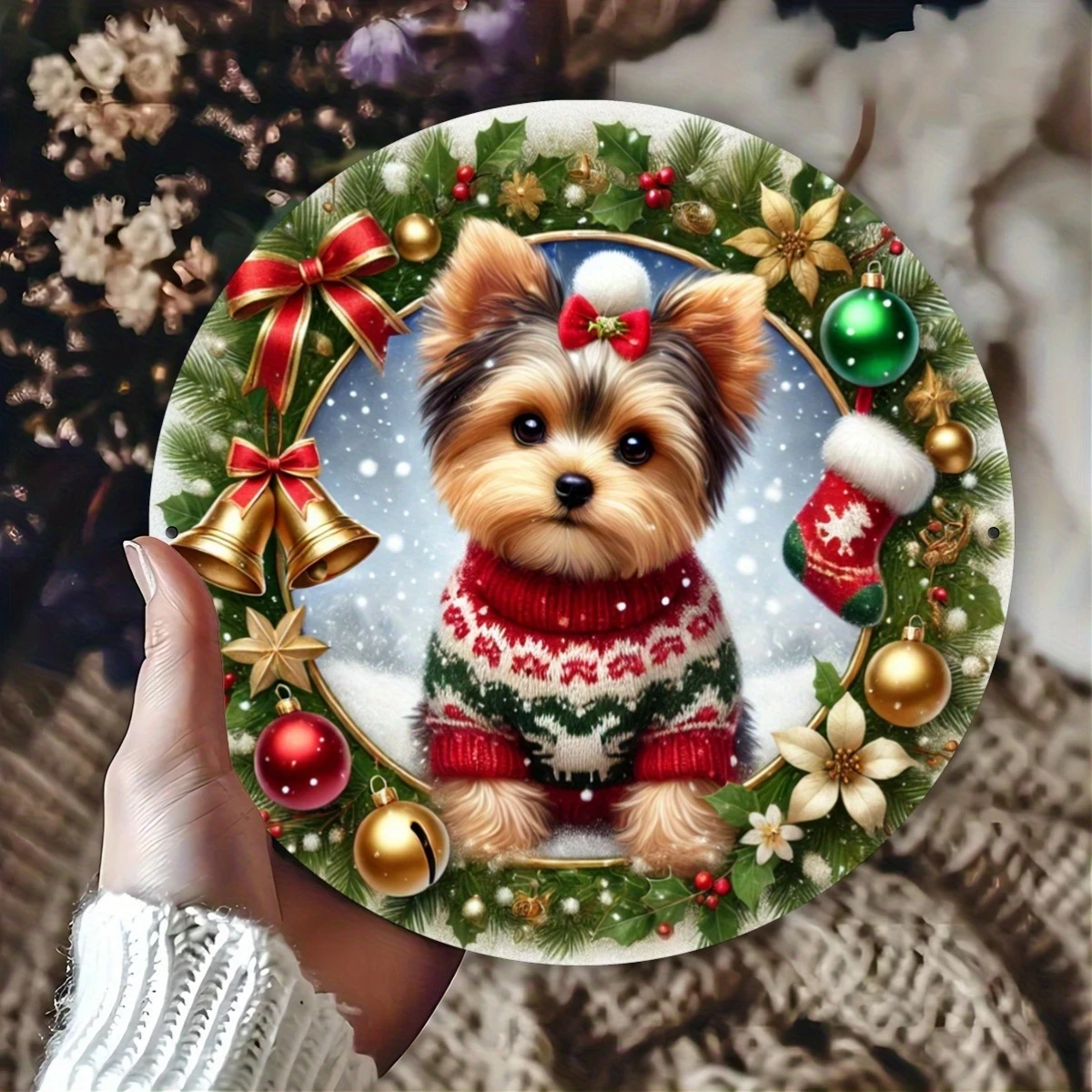 8in Wooden 2D Flat Circular Disc Colorful Yorkshire Terrier Christmas Pendant Signboard Cute Dog Lover's Gift Home Decor