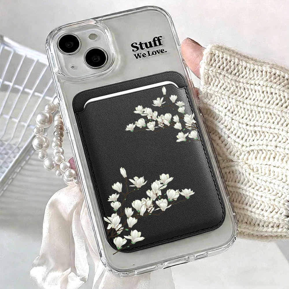 Magnolia Leder-Kartenetui Handyhülle Magnetische Hülle Geeignet für alle iPhone Magsafe Karten Blumen Handy-Rückentasche – Detail 13