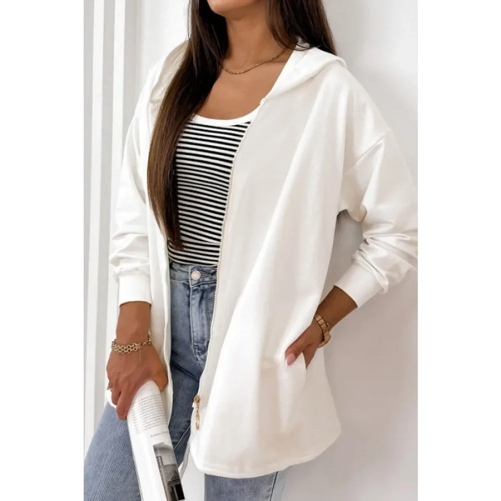 معطف نسائي كبير الحجم مع حاشية برباط بغطاء للرأس بلون سادة، أساسي بسيط وعصري للتنقل اليومي