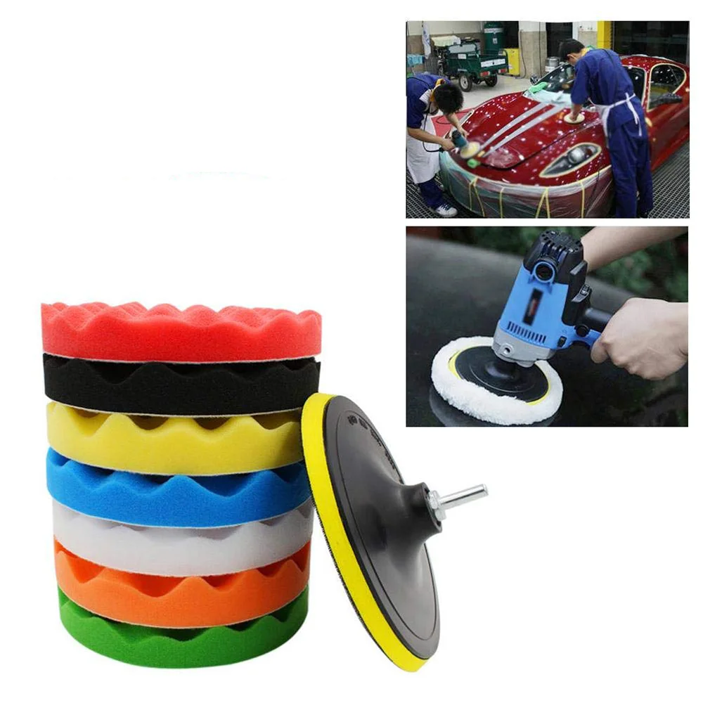 4 Inch Sponge Polishing Pads 10 Pcs with Drill Adapter Assorted Black/Green/Red/Blue/White/Yellow/Orange for Auto Car Polisher