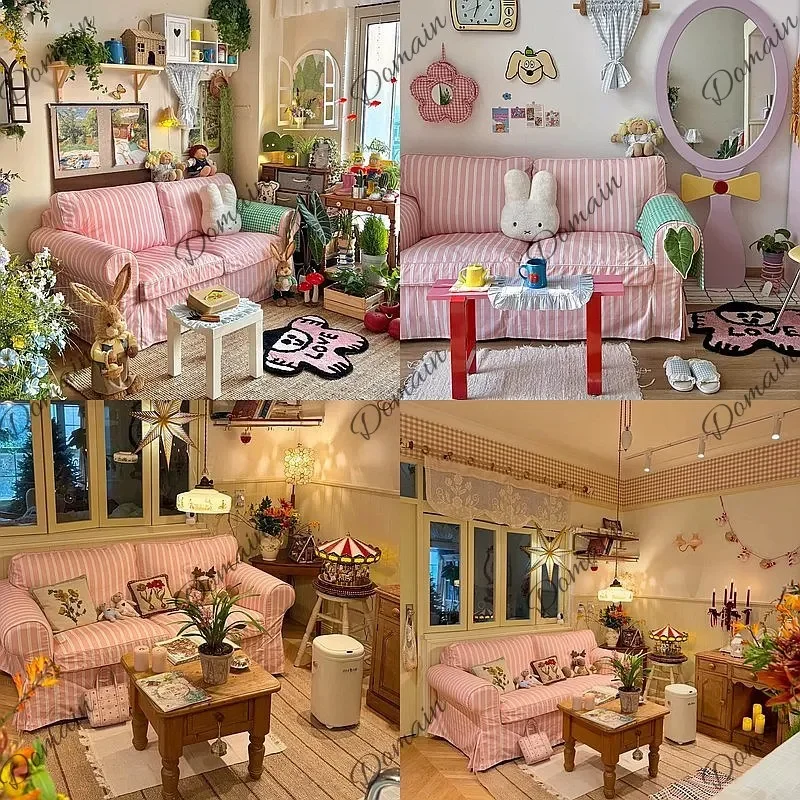 80 N Pink striped fabric sofa can be fully disassembled and washed French retro pastoral new B & B apartment