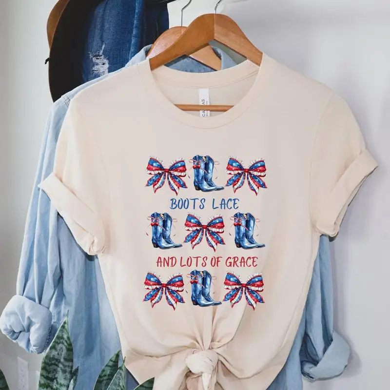 Boots Lace Lots Of Grace T Shirt With Red White And Blue Bows Western Cowgirl Patriotic Texas