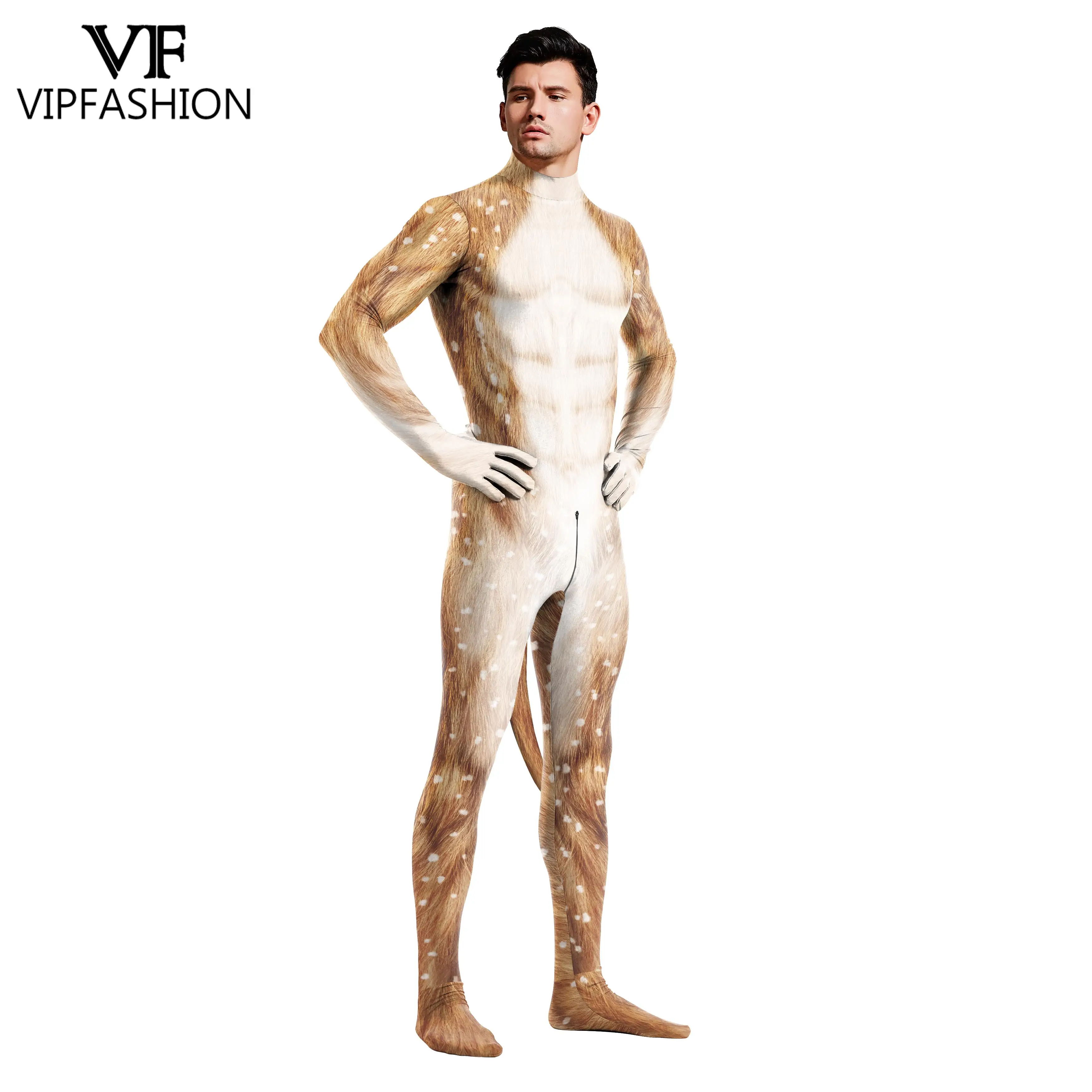 VIP FASHION Men Women Animal Cosplay Costume Crotch Zipper Zentai Bodysuits Unisex Disguisement Couple Jumpsuits with Dog Tail