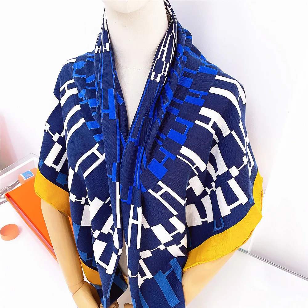 Silk Cashmere Scarf Women Hand Rolled Shawls H Letters Print Square Scarves Wraps Lady Bandana Big Hijabs Female Foulards