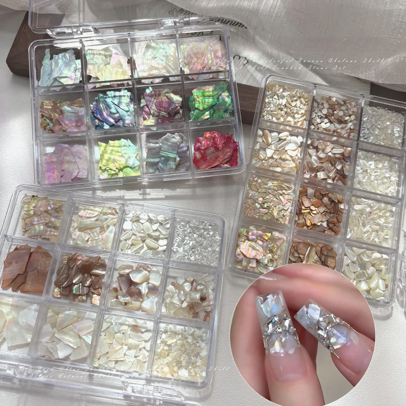 1Set 12 Grids Mother of Pearl Shell Flakes Nail Charms, Iridescent Thin Fragments Handmade DIY Nail Decor Supplies