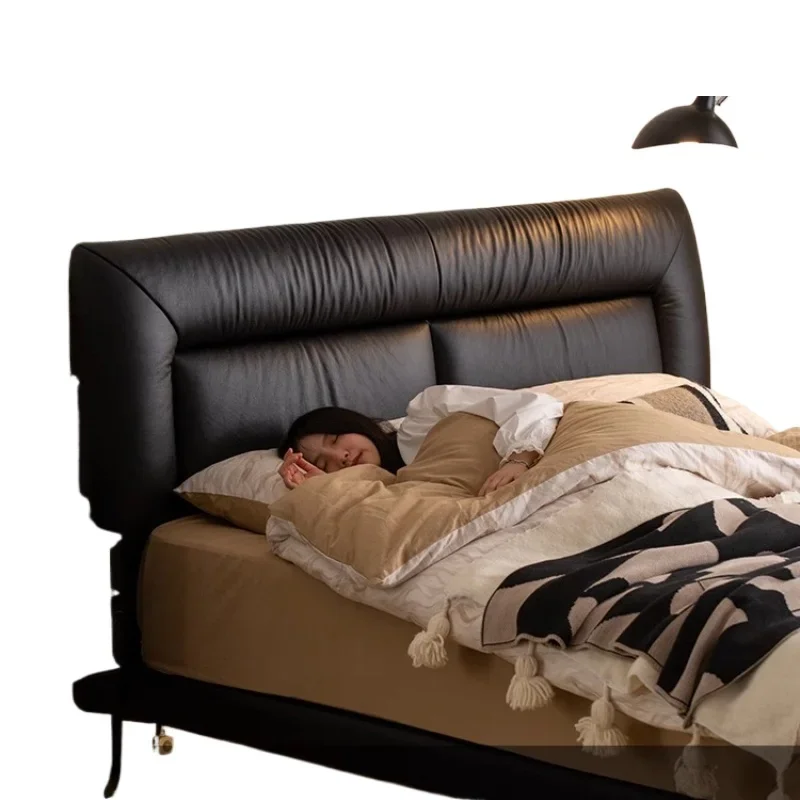 

French black bed antique master bedroom high-end atmospheric light luxury modern double bedroom leather soft bag bed